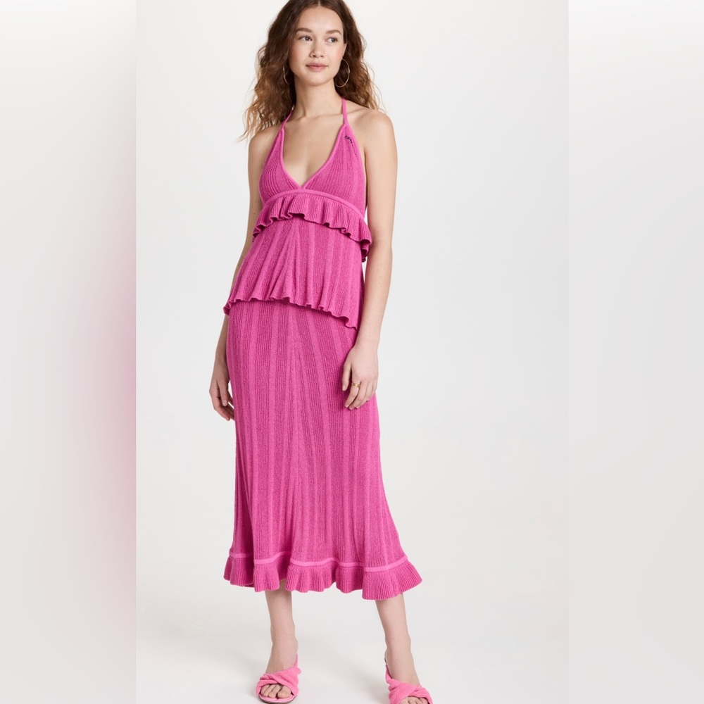 Ganni mini boucle skirt and matching knit halter top set.